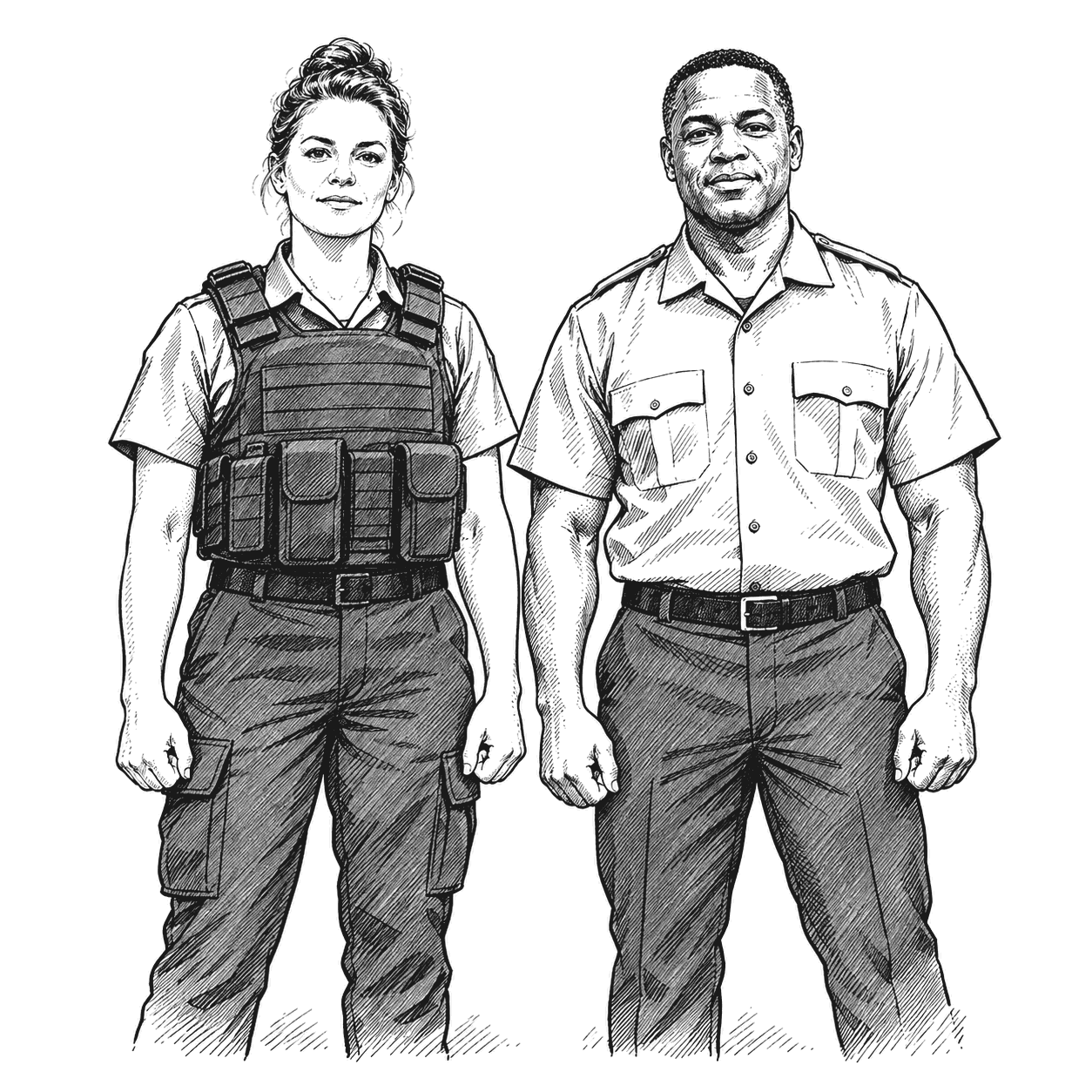 Two police officers stand side by side, one in a tactical vest and cargo trousers, the other in a plain short-sleeved uniform shirt