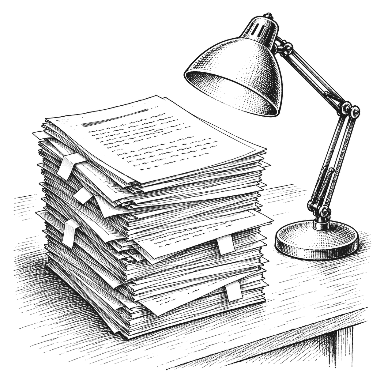 A desk with a tall stack of journal articles, several pulled out and marked with paper tabs, and a desk lamp over them