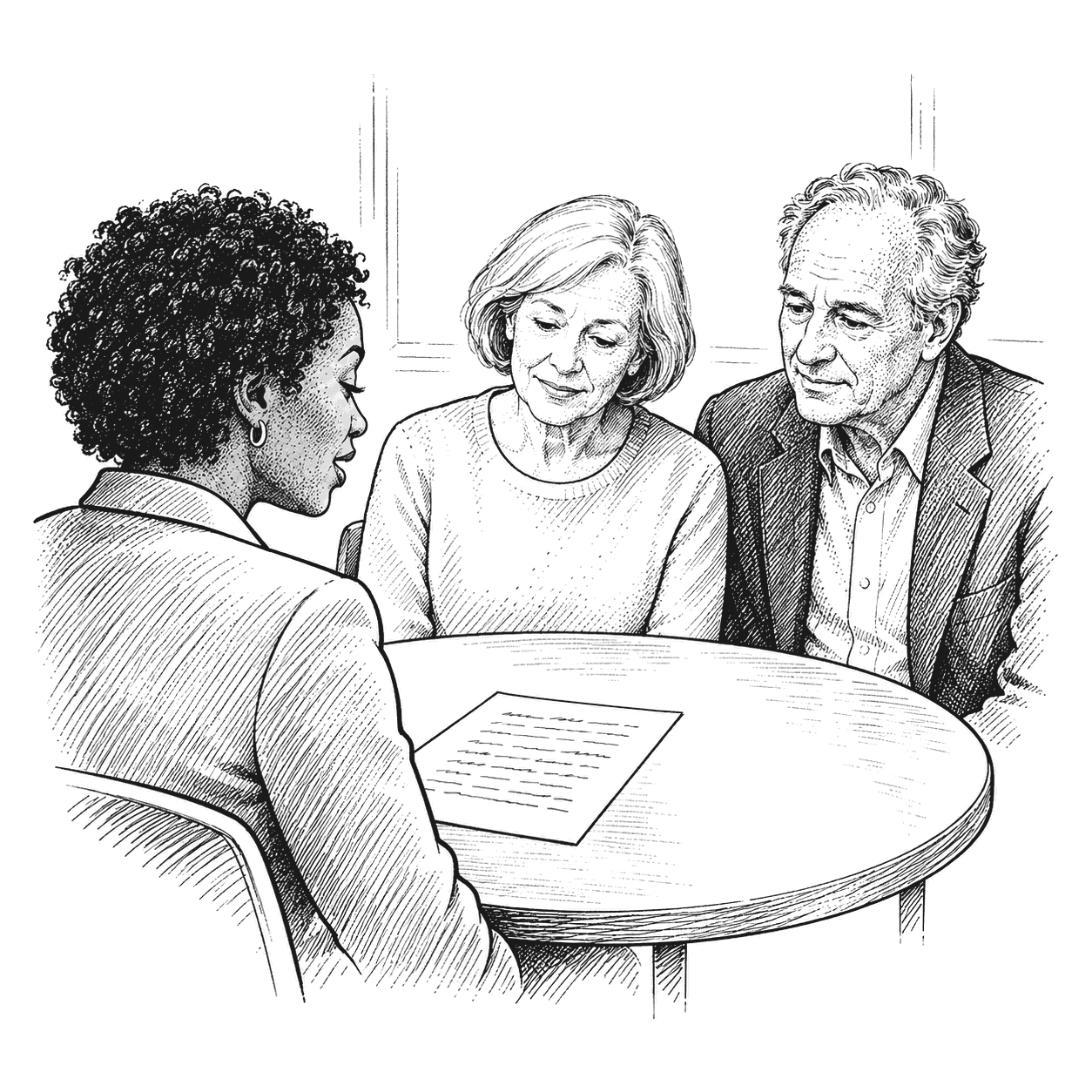 An advisor reads aloud from a handwritten notes page to a couple at a round table, one of them nodding