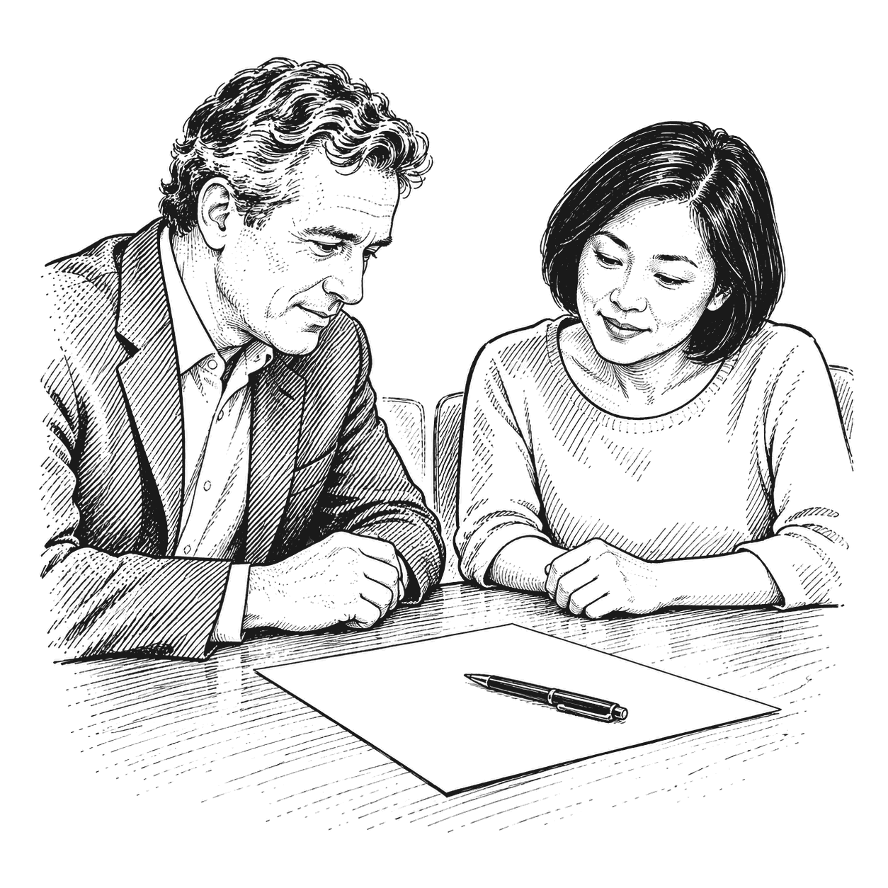 An advisor and a new client sit side by side at a table, both looking at the same blank planning sheet