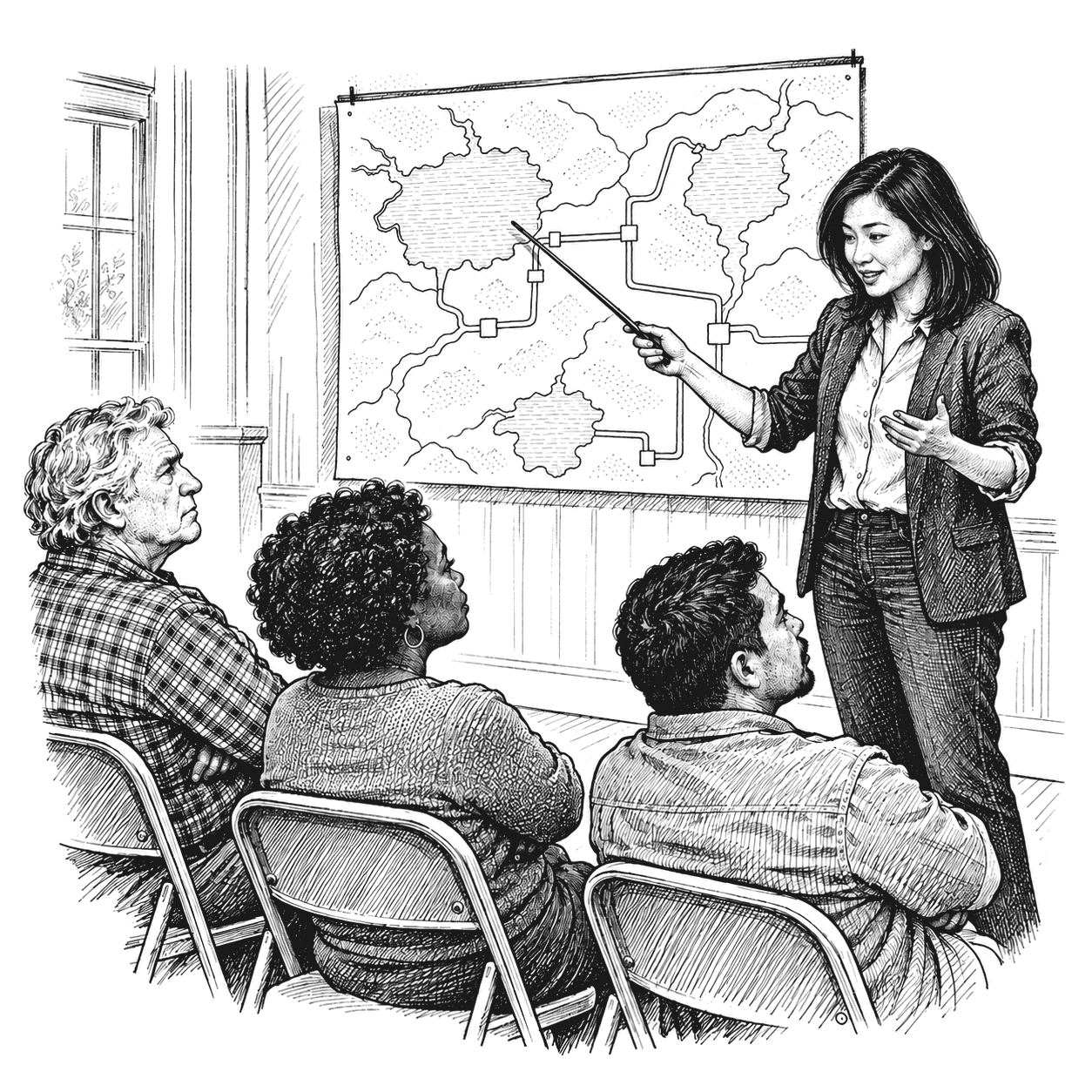 A researcher stands beside a wall map in a small town hall while townspeople in folding chairs listen with arms crossed