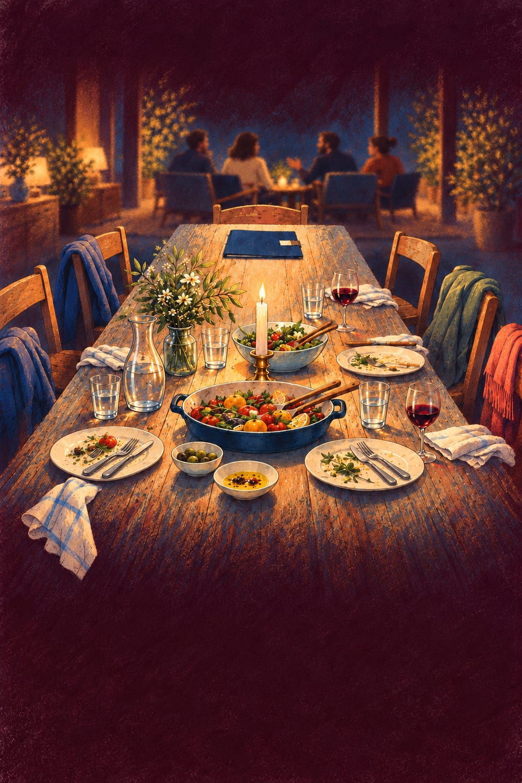 A long wooden dinner table seen from one end at night, set with plates, glasses, a bowl of salad and a single lit candle, a closed blue folder lying untouched at the far end while four people talk in armchairs beyond.