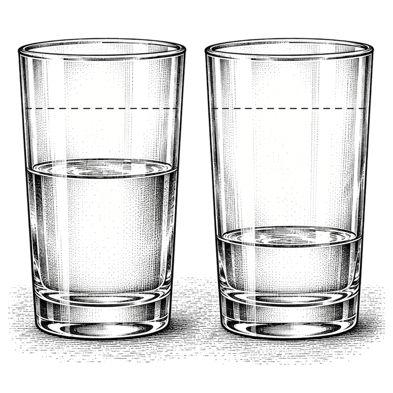 Pen and ink drawing of two water glasses on a counter, one knocked lower than the other