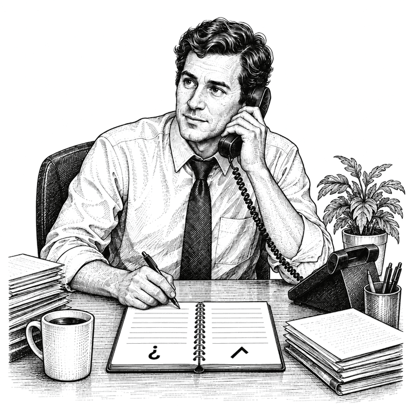 Pen and ink drawing of an advisor on the phone with a notepad reading what we know and what we do not