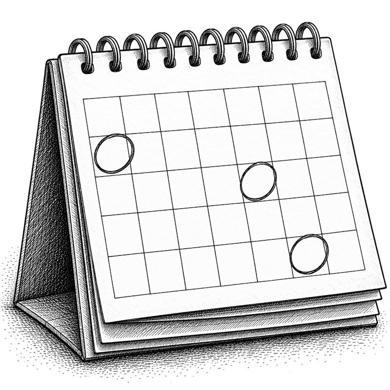 Pen and ink drawing of a desk calendar with three meetings circled in the first month