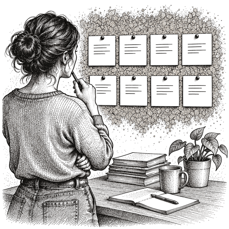 Pen and ink drawing of eight index cards pinned in two rows on a corkboard, each with a short handwritten label
