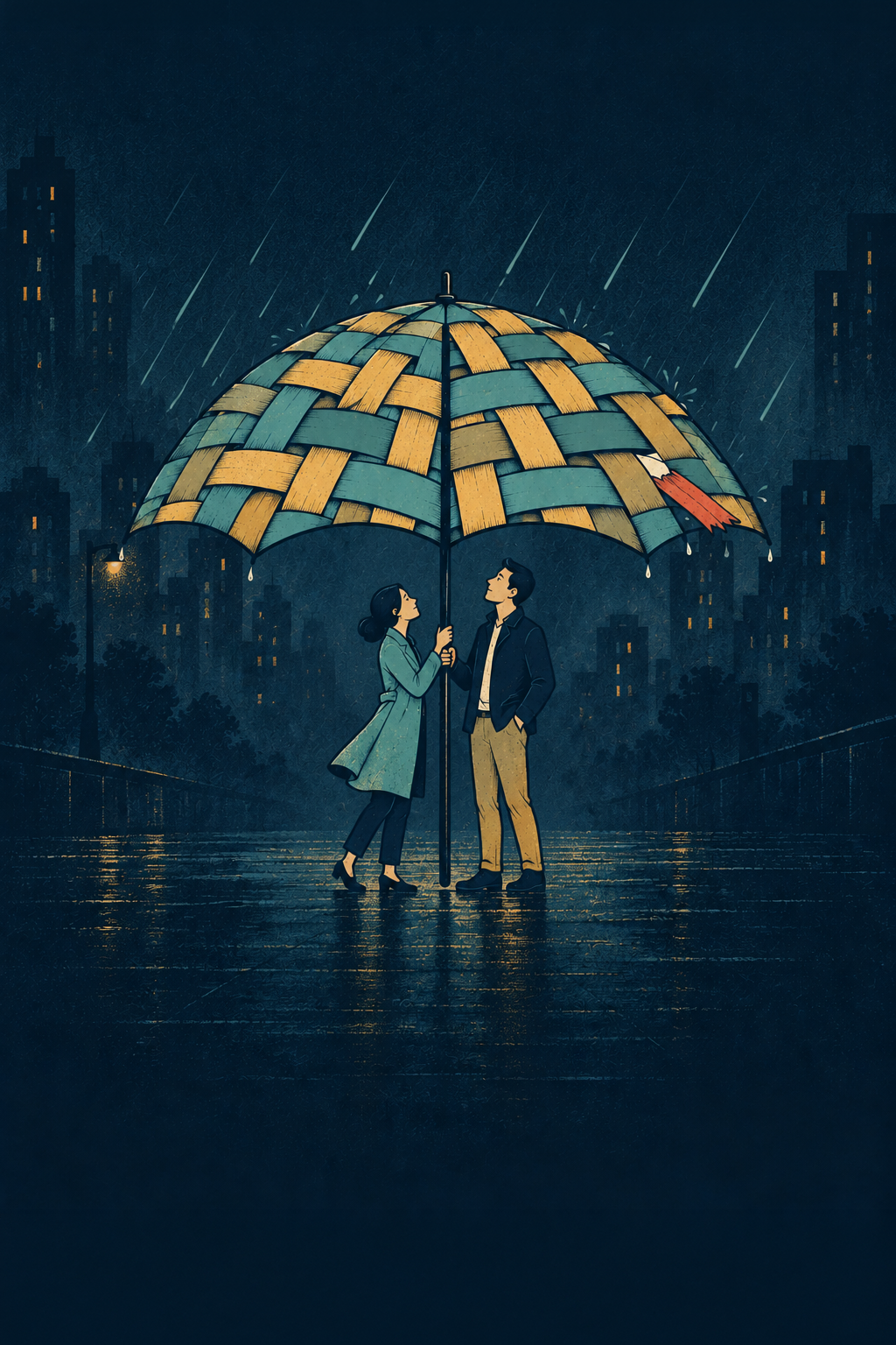 A couple stands close together beneath a large woven umbrella of teal and gold strips, rain falling around them against a dark fading city skyline; one patch near the edge has come loose, letting a thread of red show through and rain leak past.