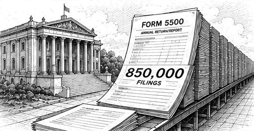 Pen and ink drawing of a federal building beside a towering stack of Form 5500 filings marked 850,000 filings