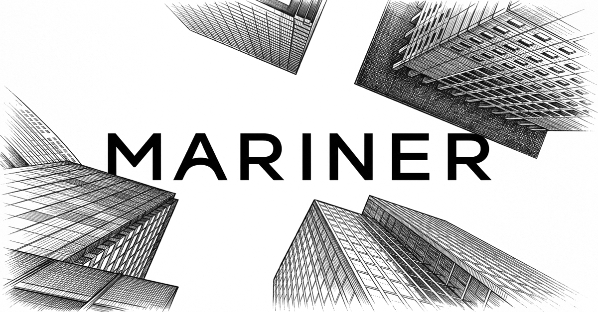 Pen and ink illustration looking up at skyscrapers converging toward the sky, with the Mariner wordmark overlaid